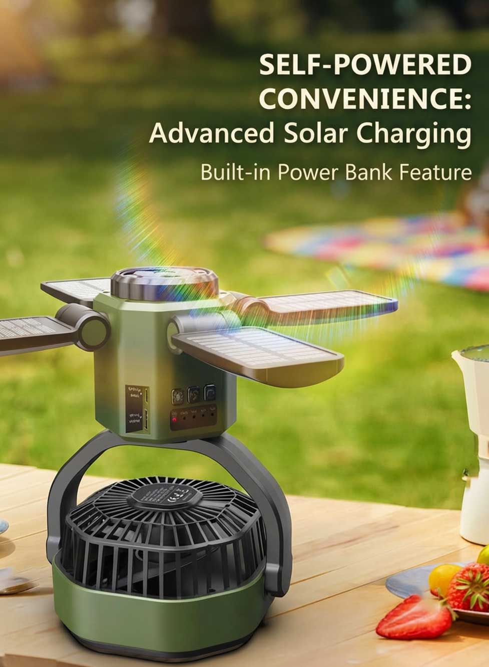 Glassology Solar Camping Multifunction Fan with Stand, Portable Outdoor Fan with Built-In Power Bank, USB Output, Multi-Angle Rotation & LED Lights for Camping, Hiking, Picnic, Garden & Outdoor Use