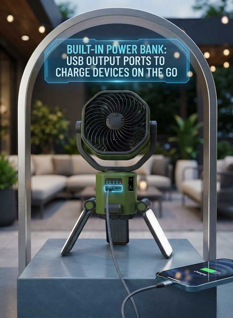 Glassology Solar Camping Multifunction Fan with Stand, Portable Outdoor Fan with Built-In Power Bank, USB Output, Multi-Angle Rotation & LED Lights for Camping, Hiking, Picnic, Garden & Outdoor Use