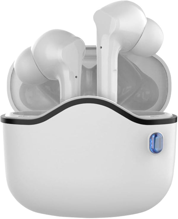 White wireless earbuds with charging case on a white background