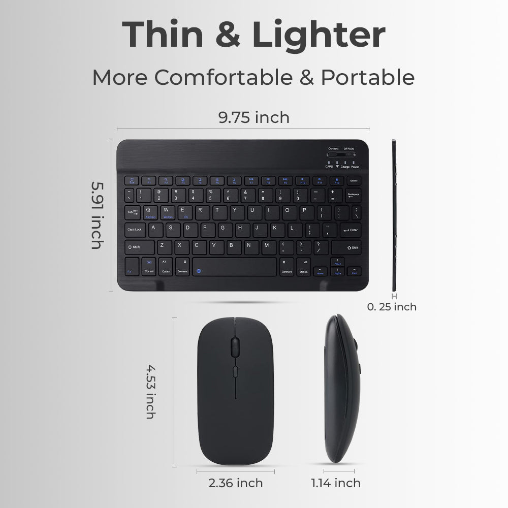 Thin and portable keyboard and mouse set with dimensions on a white background