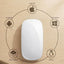 White computer mouse on a wooden surface with compatibility icons for macOS, Android, Windows, iOS/iPadOS, and Linux.