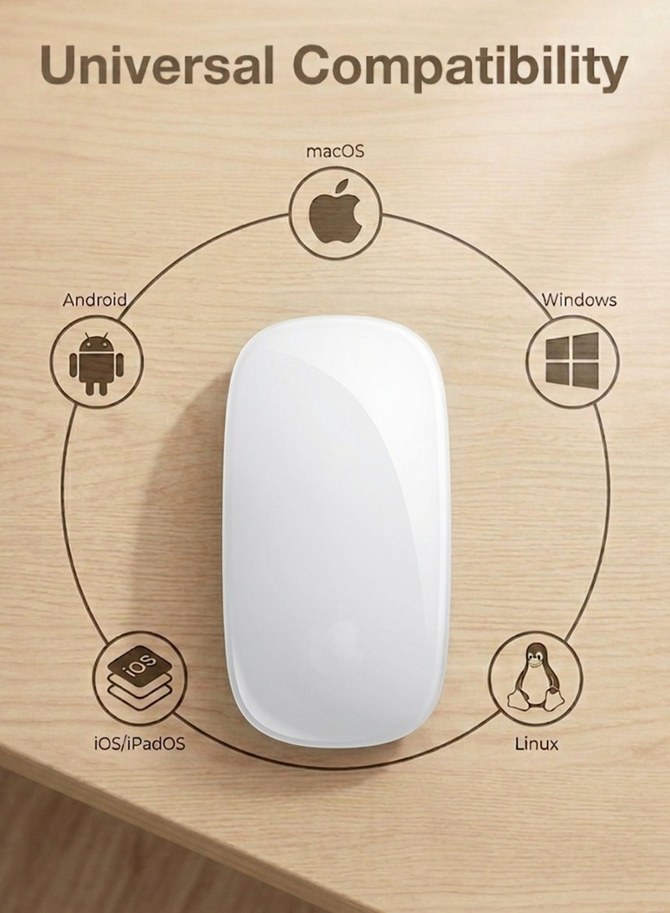 White computer mouse on a wooden surface with compatibility icons for macOS, Android, Windows, iOS/iPadOS, and Linux.