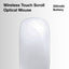 White wireless touch scroll optical mouse with 'glassology' branding on a light gray background