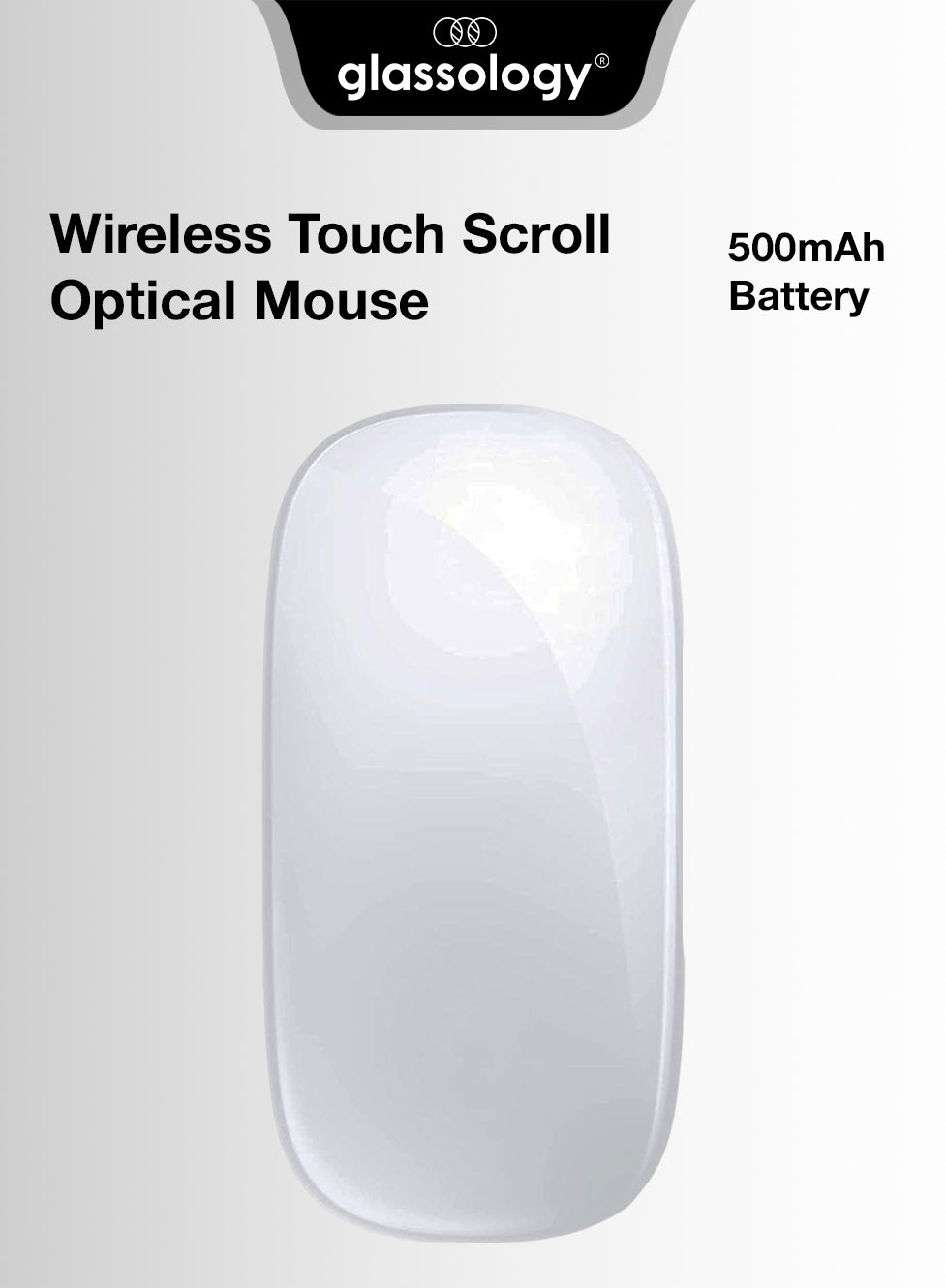 White wireless touch scroll optical mouse with 'glassology' branding on a light gray background