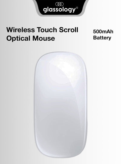 White wireless touch scroll optical mouse with 'glassology' branding on a light gray background