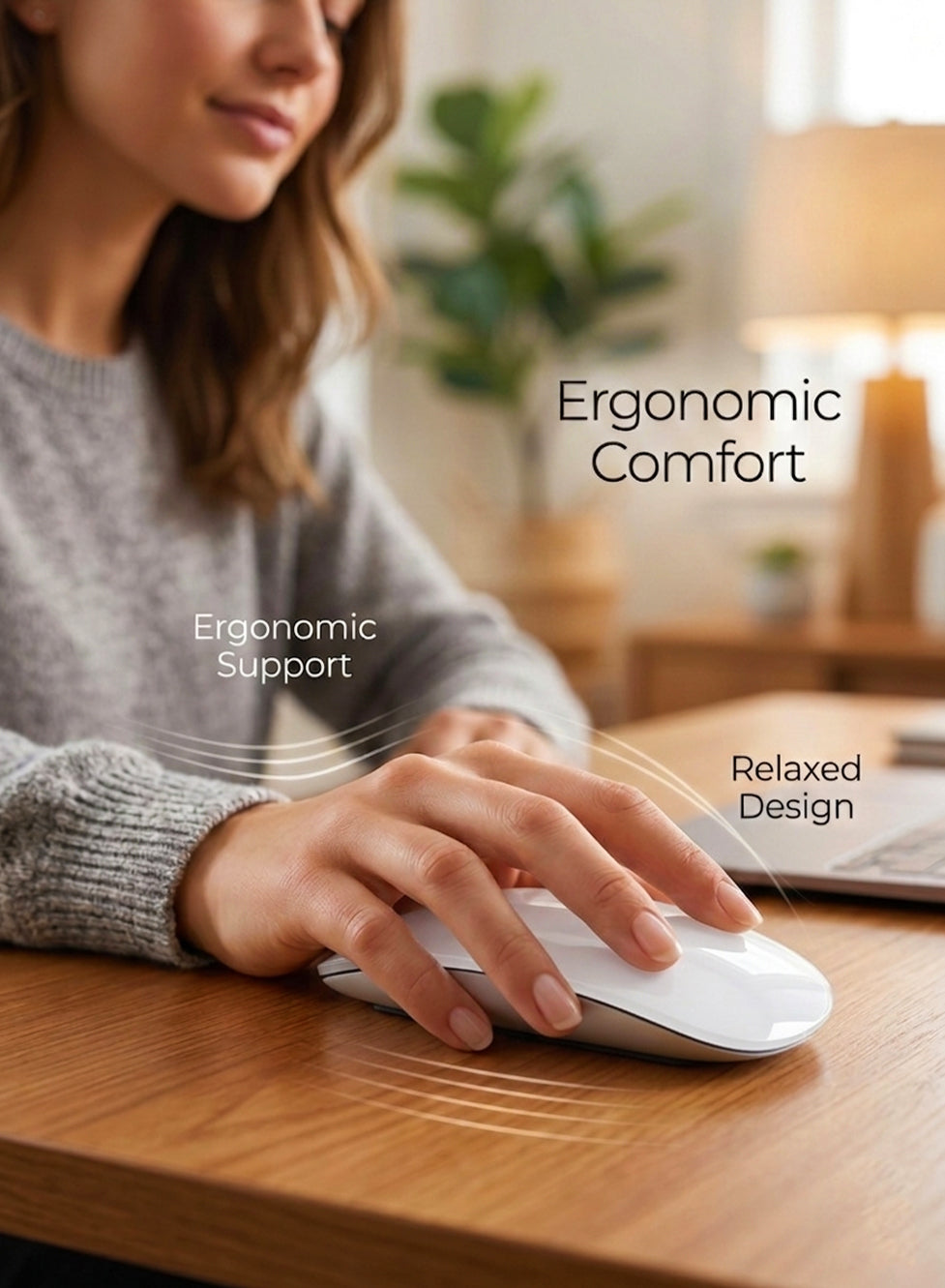 Person using a computer mouse with ergonomic support and relaxed design text overlay in a home office setting.