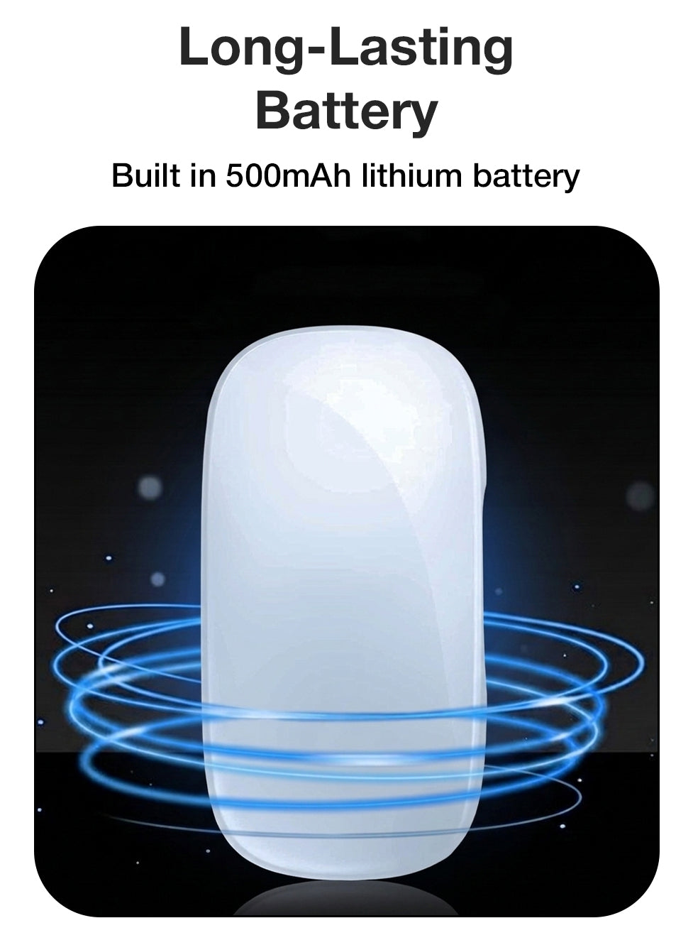 White cylindrical battery with blue energy lines on a black background, labeled 'Long-Lasting Battery' and 'Built in 500mAh lithium battery'.