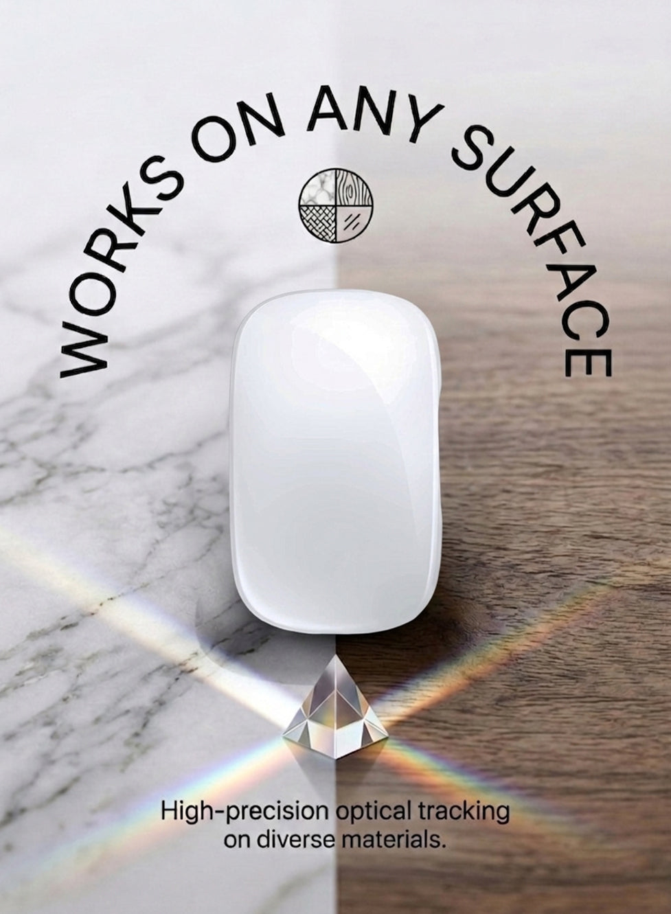 White mouse on a marble and wooden surface with text about high-precision optical tracking.