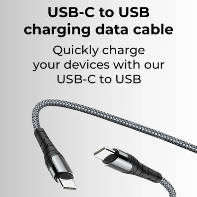 USB-C to USB charging data cable with text on a gray background