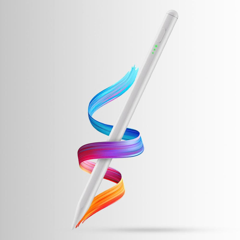 White stylus with colorful, flowing paint effect on a light gray background