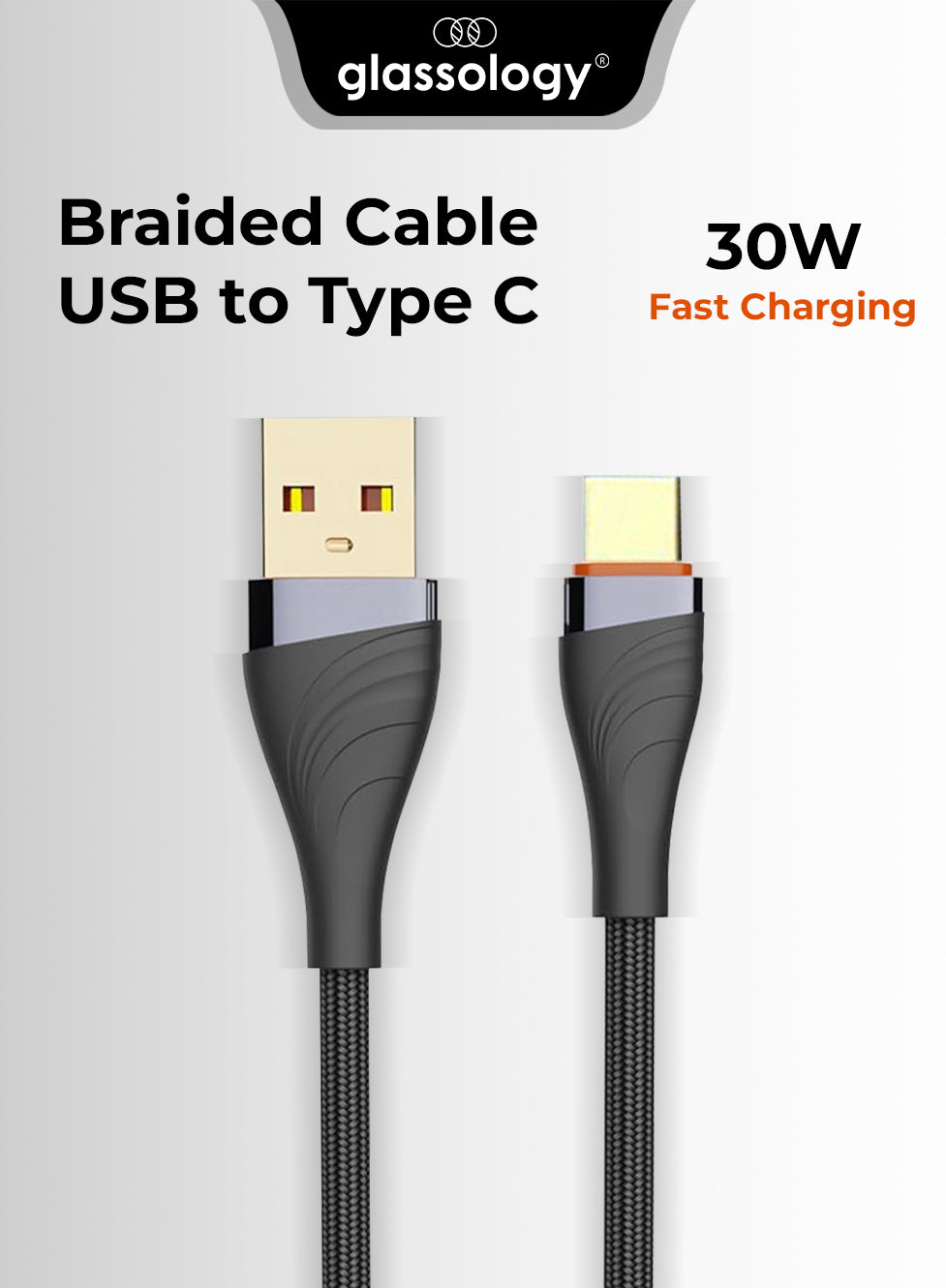 Glassology braided cable USB to Type C with fast charging feature on a white background