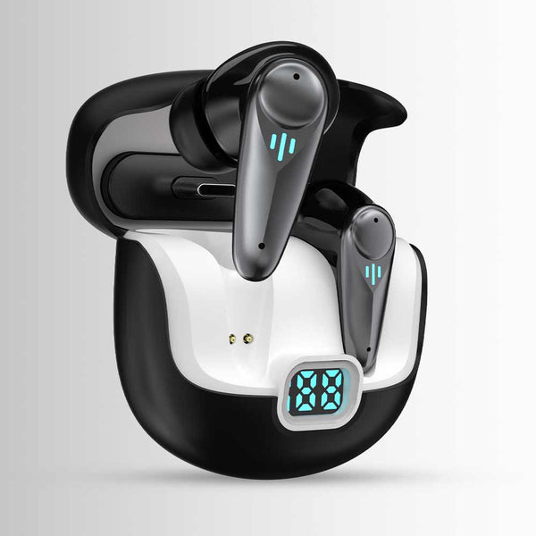Black and silver wireless earbuds with charging case on a light gray background