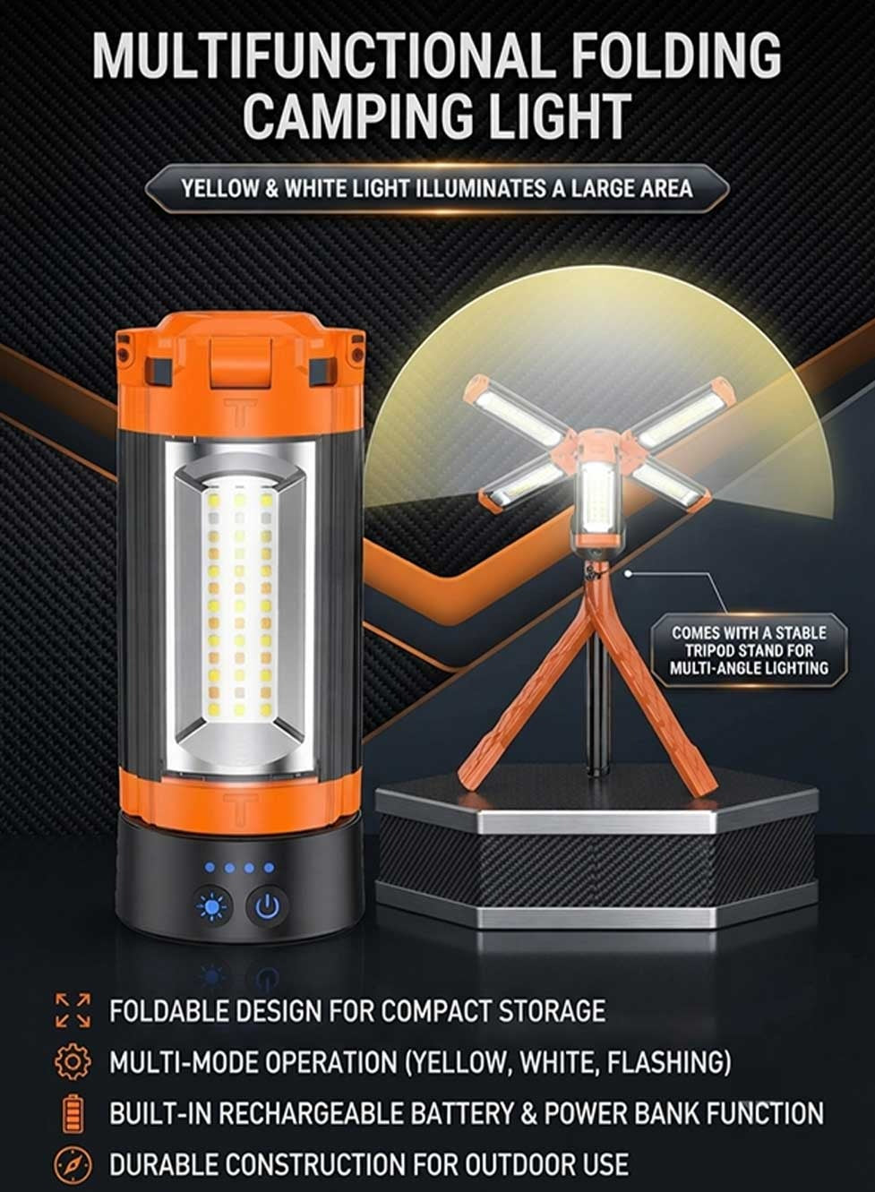 Glassology Rechargeable Camping Light with Stand, Multifunctional LED Work Light with 5 Lighting Modes, 3 Brightness Levels, Foldable Panels, Adjustable Tripod Stand & Power Bank