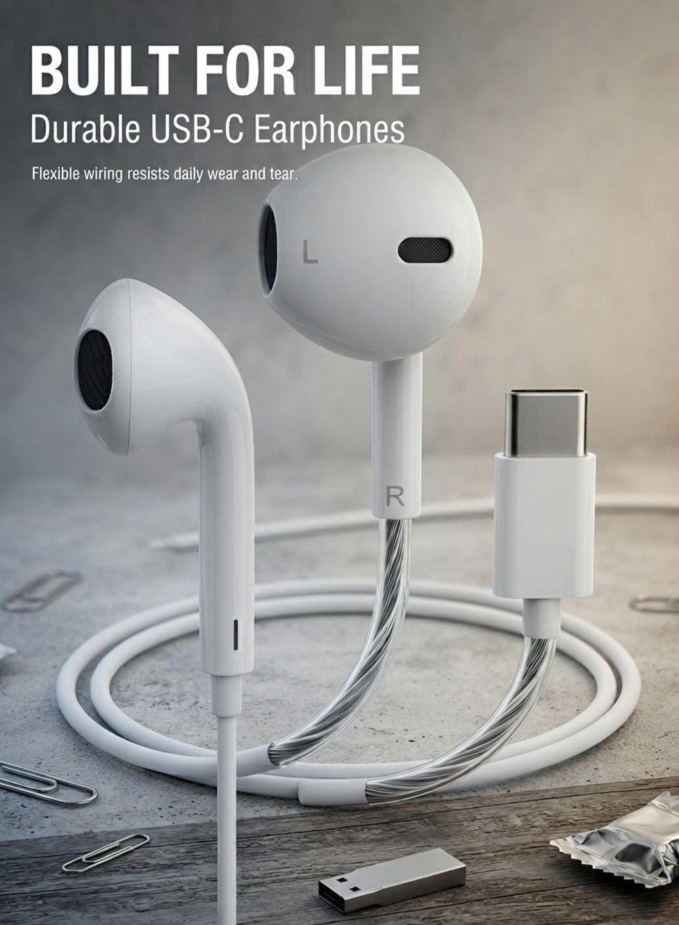 Glassology Stereo Bass Type-C Wired Earphones with HD Mic, 14.2mm Driver, In-Line Remote & Volume Control, Ergonomic Lightweight Earbuds – White