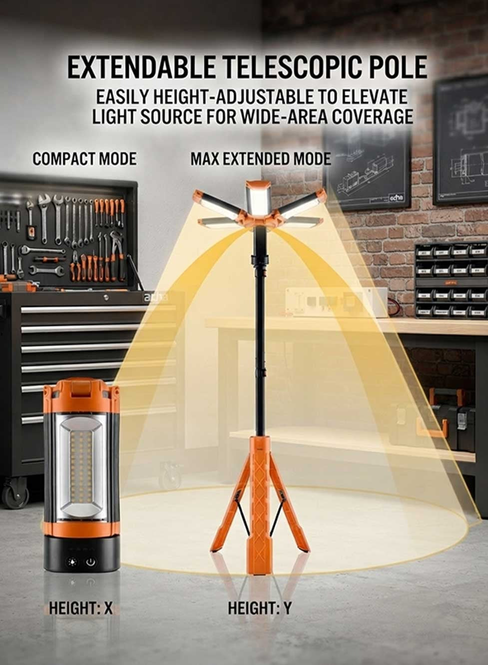 Glassology Rechargeable Camping Light with Stand, Multifunctional LED Work Light with 5 Lighting Modes, 3 Brightness Levels, Foldable Panels, Adjustable Tripod Stand & Power Bank