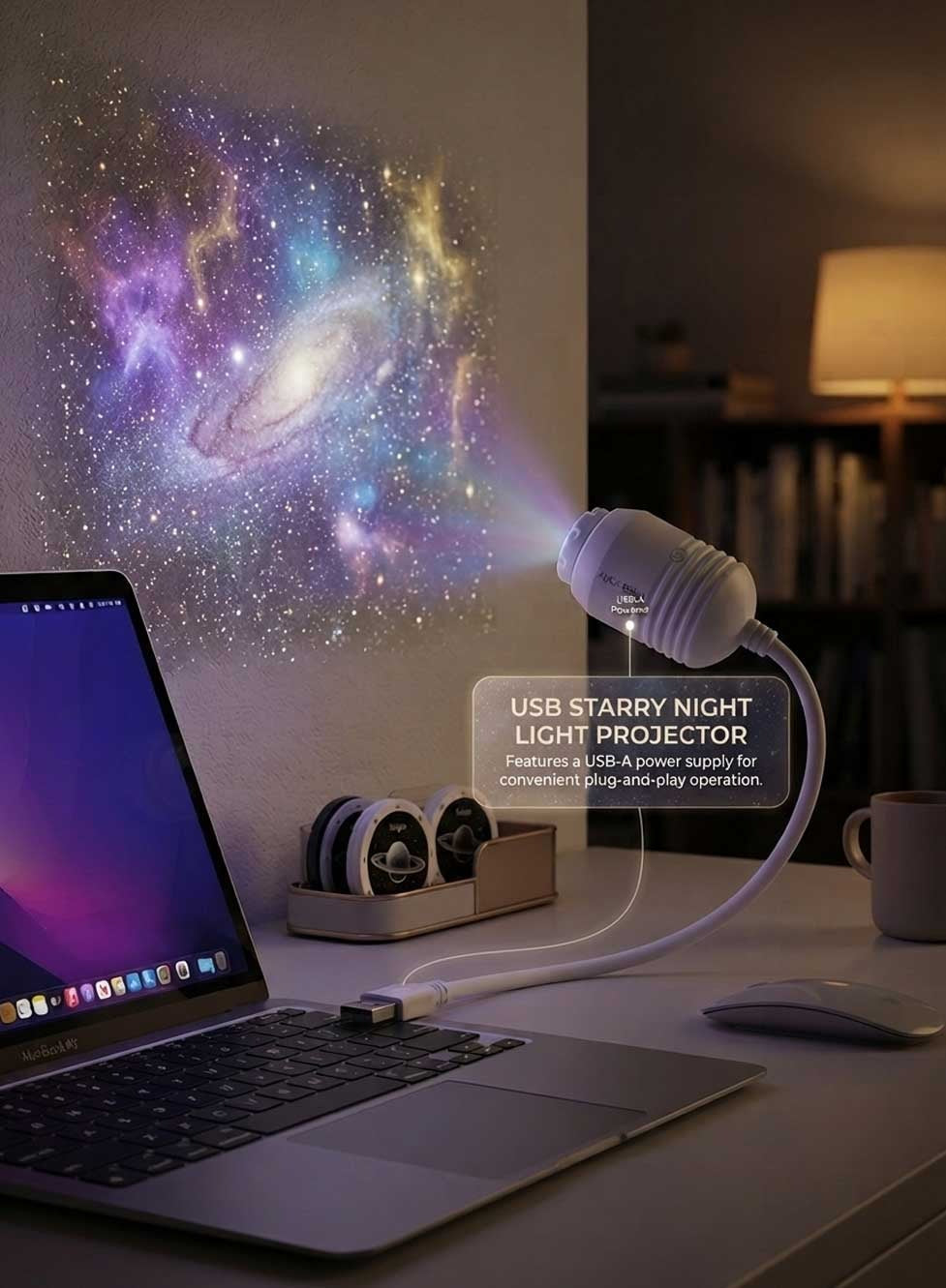 Glassology Starry Sky Projection Light, USB Night Light Projector with 6 Interchangeable Film Discs, Galaxy & Moon Ceiling Lamp for Bedroom, Kids Room & Home Décor