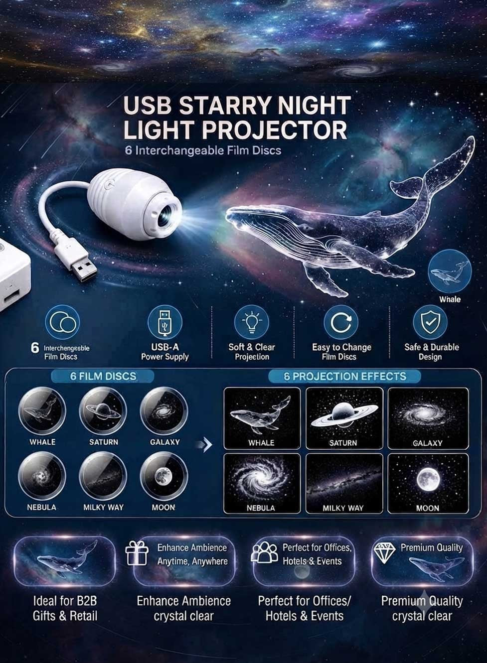 Glassology Starry Sky Projection Light, USB Night Light Projector with 6 Interchangeable Film Discs, Galaxy & Moon Ceiling Lamp for Bedroom, Kids Room & Home Décor