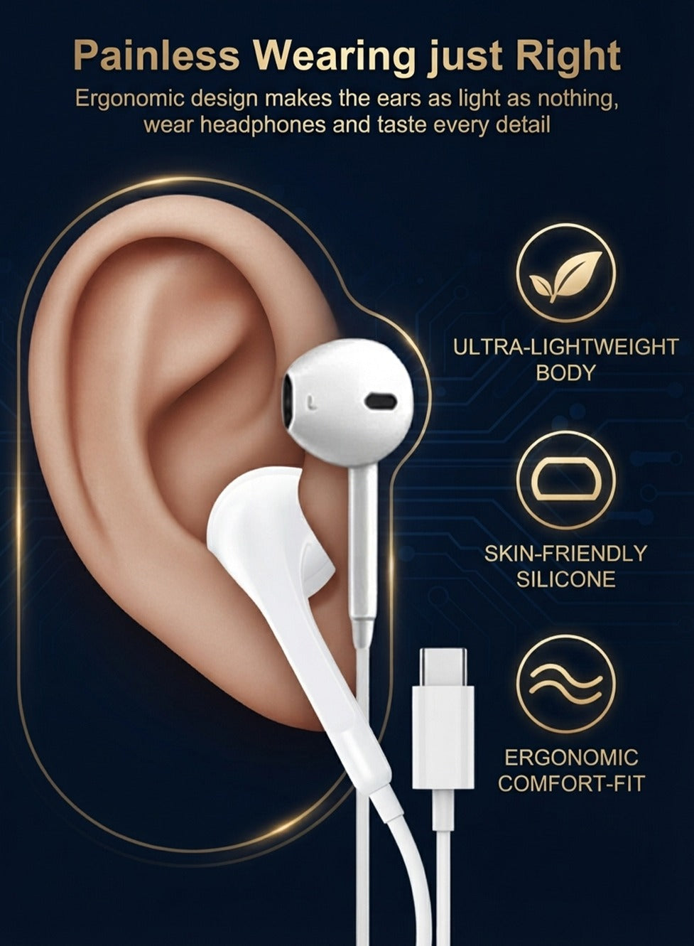 Glassology Stereo Bass Type-C Wired Earphones with HD Mic, 14.2mm Driver, In-Line Remote & Volume Control, Ergonomic Lightweight Earbuds – White