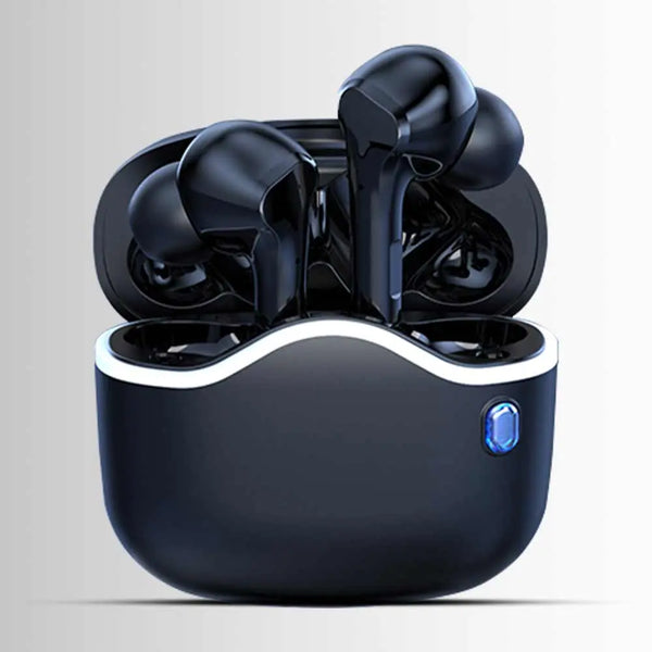 Black wireless earbuds in charging case on a light gray background