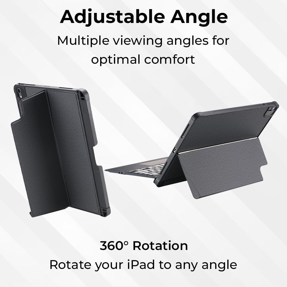 Black tablet case with adjustable angles and 360-degree rotation feature on a light gray background.