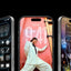 Three smartphones displaying different screens on a black background