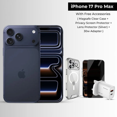 Apple iPhone 17 Pro Max with free accessories on a white background