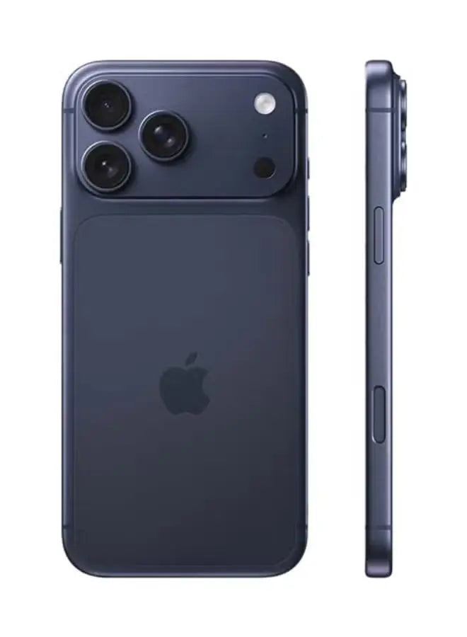 Dark blue smartphone showing back, side, and front views on a white background