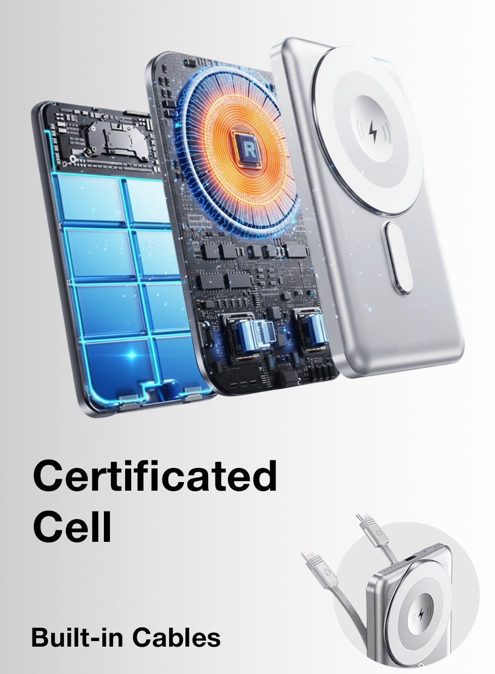 Smartphone with electronic components and 'Certificated Cell Built-in Cables' text on a white background