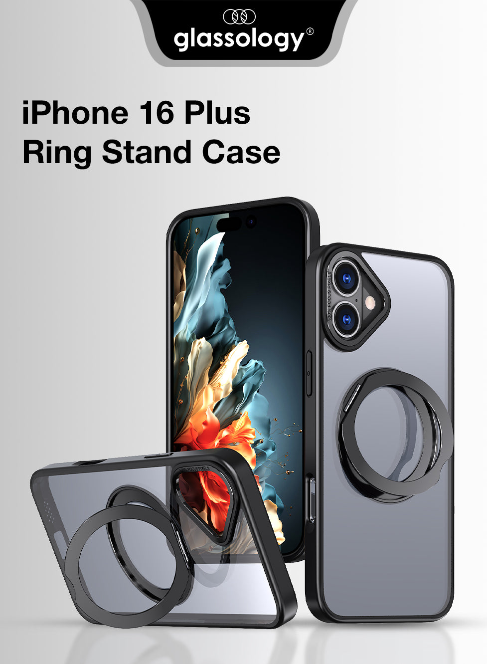 Phone case with ring stand feature for iPhone 16 Plus by glassology on a white background