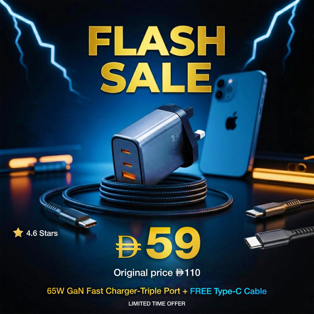65W GaN Fast Charger with triple port and free Type-C cable on a dark background with 'Flash Sale' text.