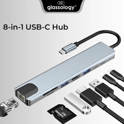 Glassology 8-in-1 USB-C Hub with 4K HDMI, Ethernet, Dual USB-C & SD/TF Card Reader - GLASSOLOGY