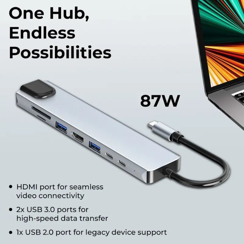 Glassology 8-in-1 USB-C Hub with 4K HDMI, Ethernet, Dual USB-C & SD/TF Card Reader - GLASSOLOGY
