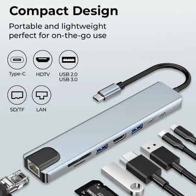 Glassology 8-in-1 USB-C Hub with 4K HDMI, Ethernet, Dual USB-C & SD/TF Card Reader - GLASSOLOGY