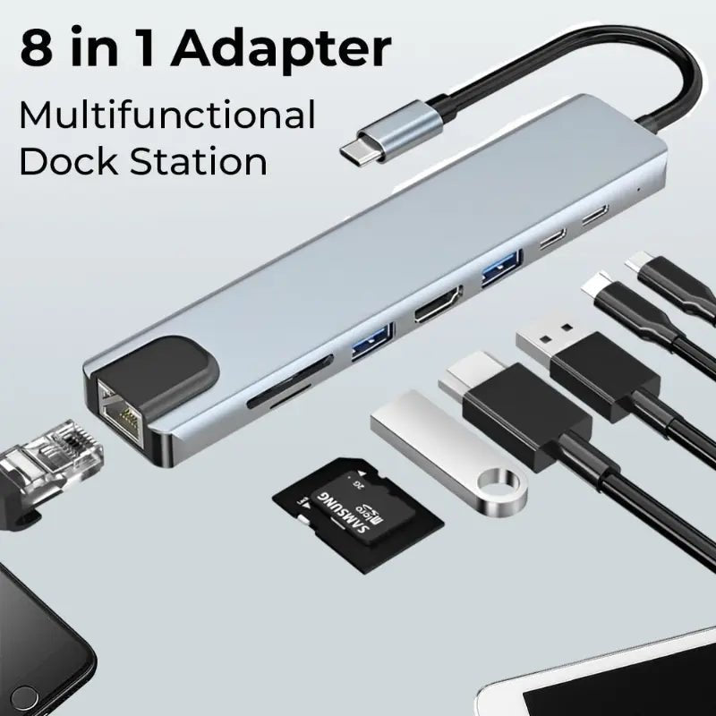 Glassology 8-in-1 USB-C Hub with 4K HDMI, Ethernet, Dual USB-C & SD/TF Card Reader - GLASSOLOGY