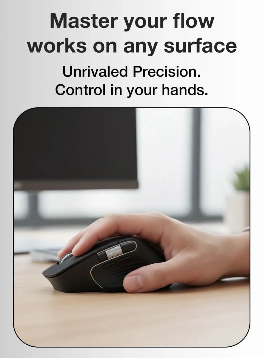 Glassology ErgoFlow Pro Ergonomic Wireless Mouse with Dual Scroll & 3 - in - 1 Bluetooth, USB - C & 2.4GHz Connectivity – Black - GLASSOLOGY