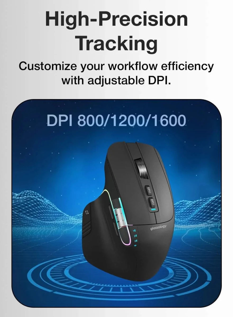 Glassology ErgoFlow Pro Ergonomic Wireless Mouse with Dual Scroll & 3 - in - 1 Bluetooth, USB - C & 2.4GHz Connectivity – Black - GLASSOLOGY