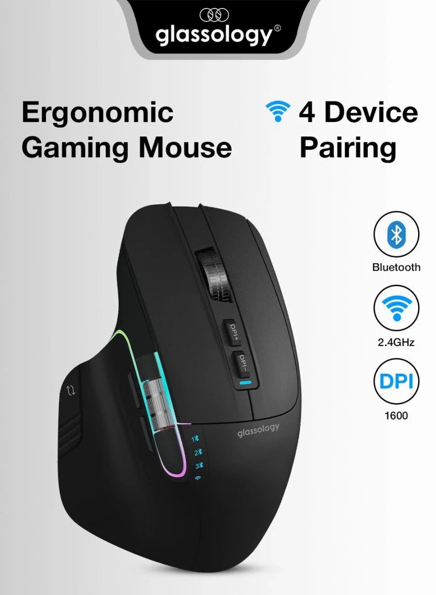 Glassology ErgoFlow Pro Ergonomic Wireless Mouse with Dual Scroll & 3 - in - 1 Bluetooth, USB - C & 2.4GHz Connectivity – Black - GLASSOLOGY