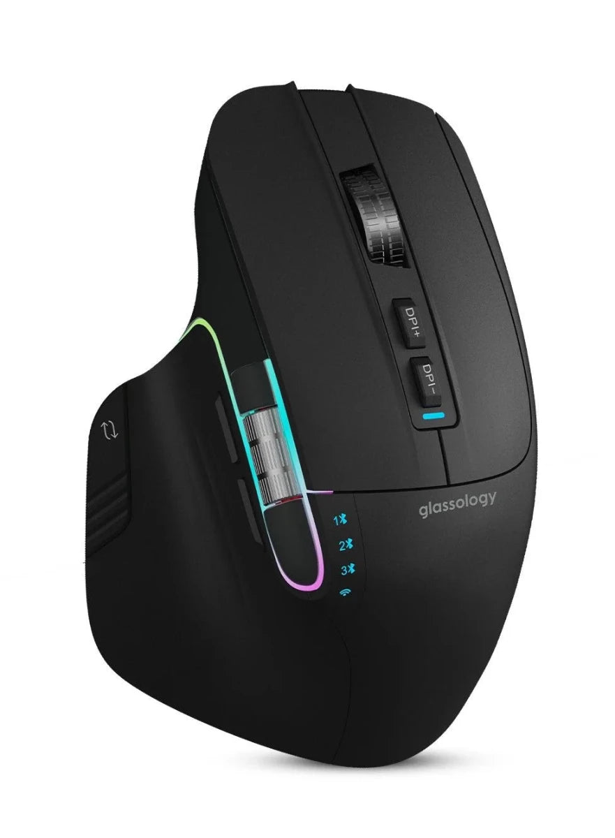 Glassology ErgoFlow Pro Ergonomic Wireless Mouse with Dual Scroll & 3 - in - 1 Bluetooth, USB - C & 2.4GHz Connectivity – Black - GLASSOLOGY