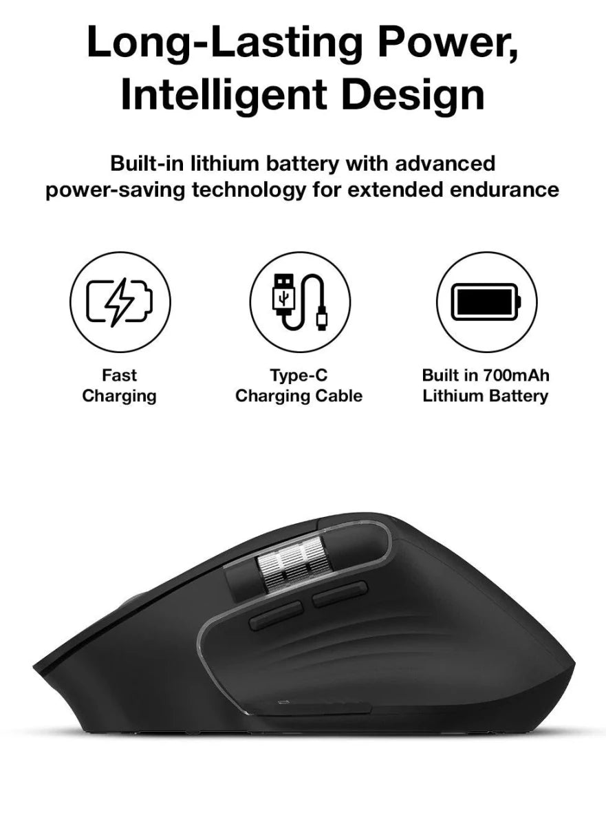 Glassology ErgoFlow Pro Ergonomic Wireless Mouse with Dual Scroll & 3 - in - 1 Bluetooth, USB - C & 2.4GHz Connectivity – Black - GLASSOLOGY