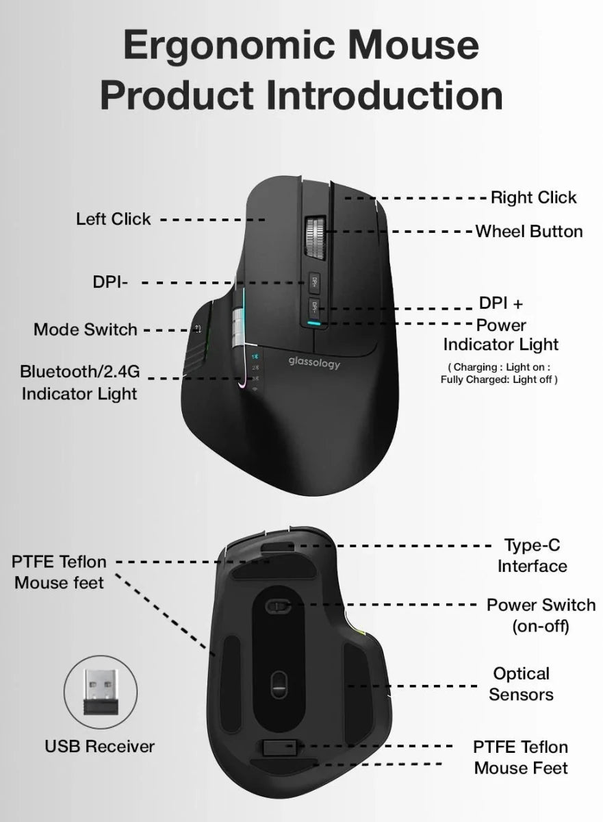 Glassology ErgoFlow Pro Ergonomic Wireless Mouse with Dual Scroll & 3 - in - 1 Bluetooth, USB - C & 2.4GHz Connectivity – Black - GLASSOLOGY