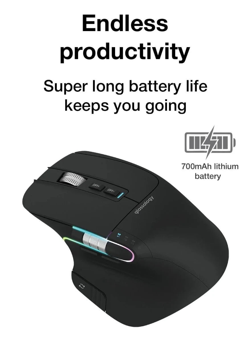 Glassology ErgoFlow Pro Ergonomic Wireless Mouse with Dual Scroll & 3 - in - 1 Bluetooth, USB - C & 2.4GHz Connectivity – Black - GLASSOLOGY