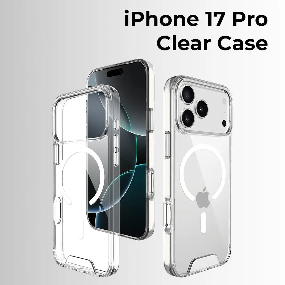 Clear case for iPhone 17 Pro on a gray background