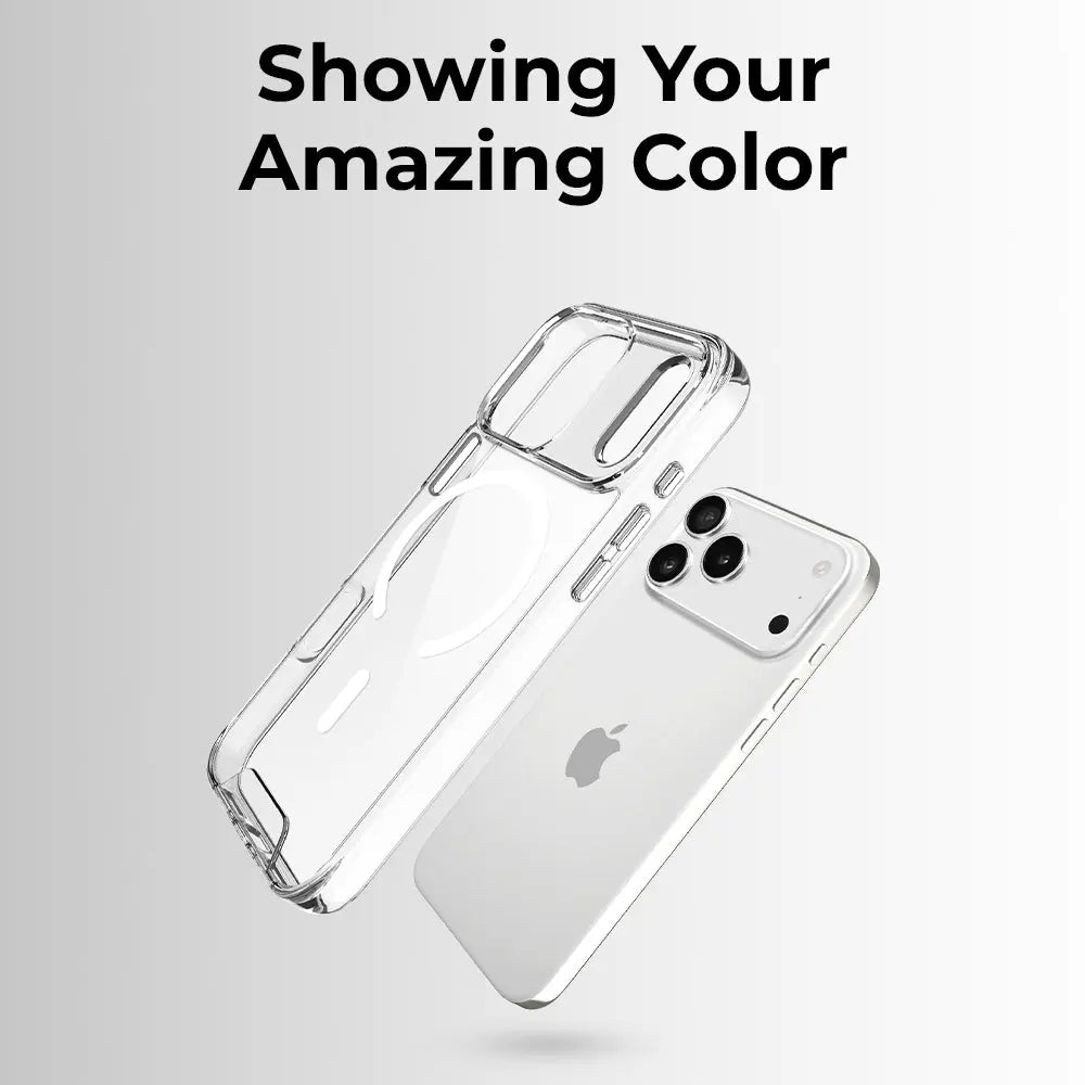 Clear phone case on a white background with text 'Showing Your Amazing Color'.