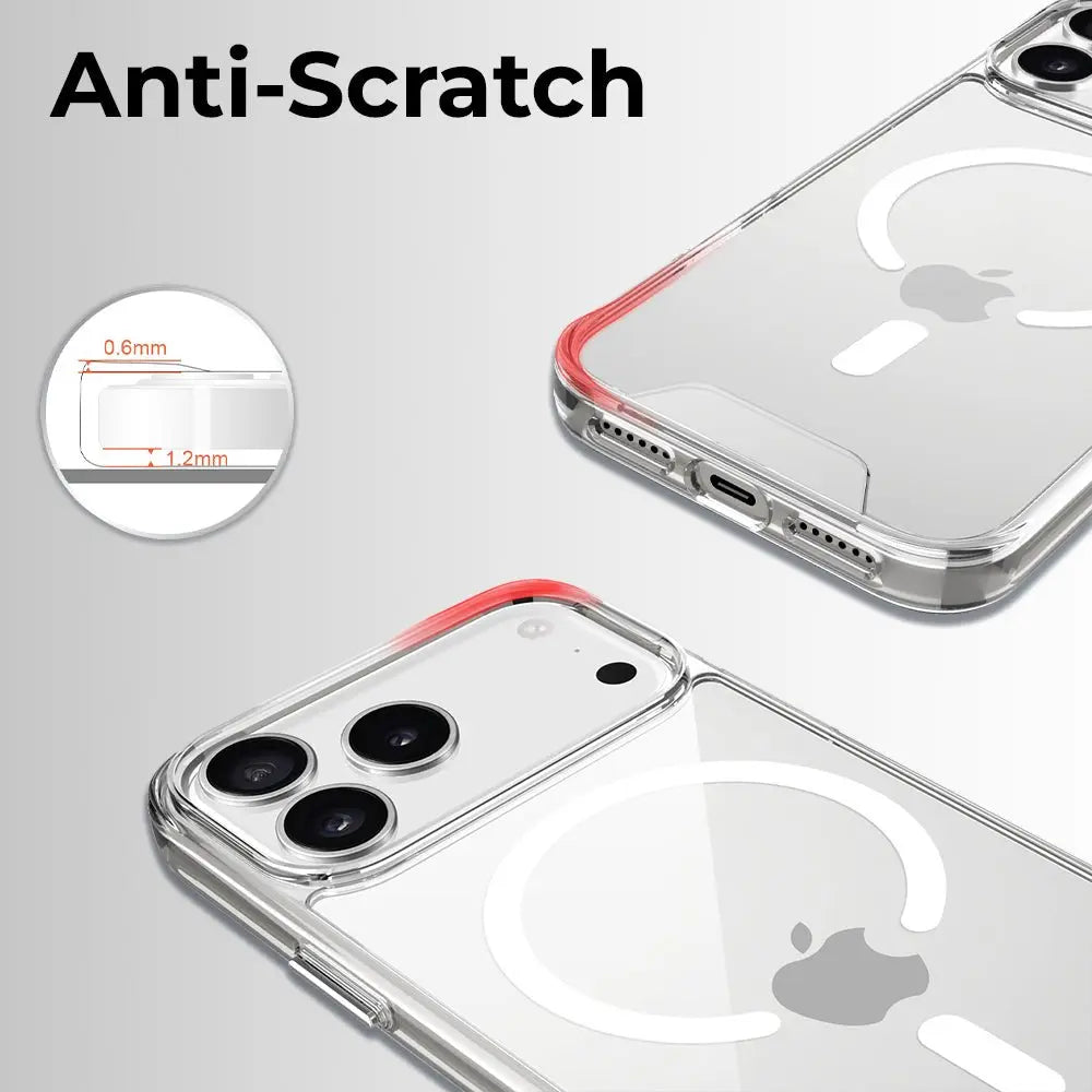 Clear phone case with anti-scratch feature and Apple logo on a gray background