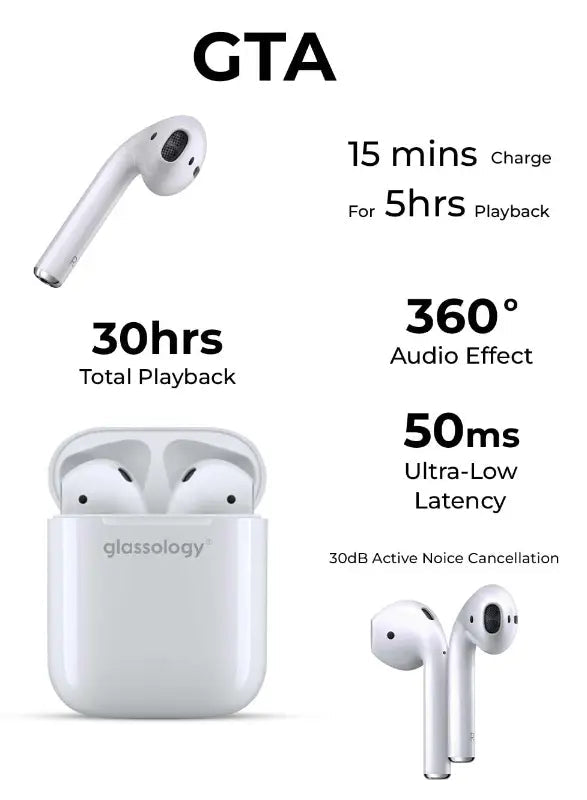 GTA1 True Wireless Bluetooth Earbuds with 20 Hours Playtime - GLASSOLOGY