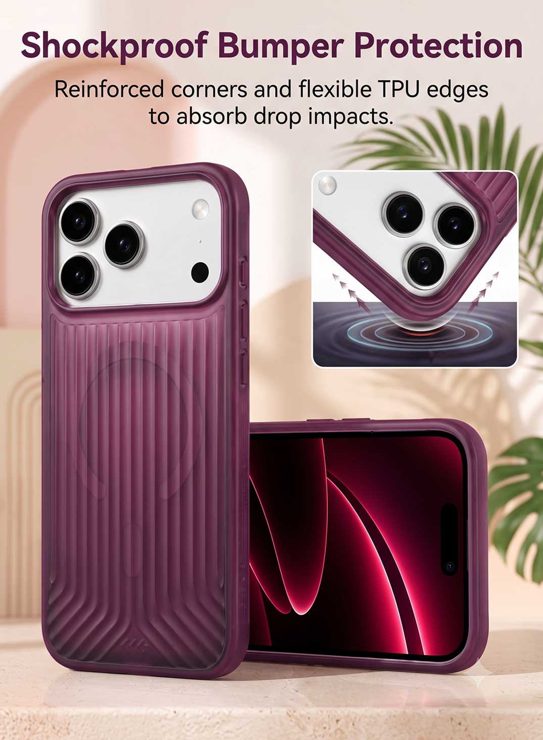 Glassology GMCVS18PBU MagSafe Vertical Striped Case for iPhone 18 Pro, Burgundy, Stylish Magnetic Charging Compatible Cover