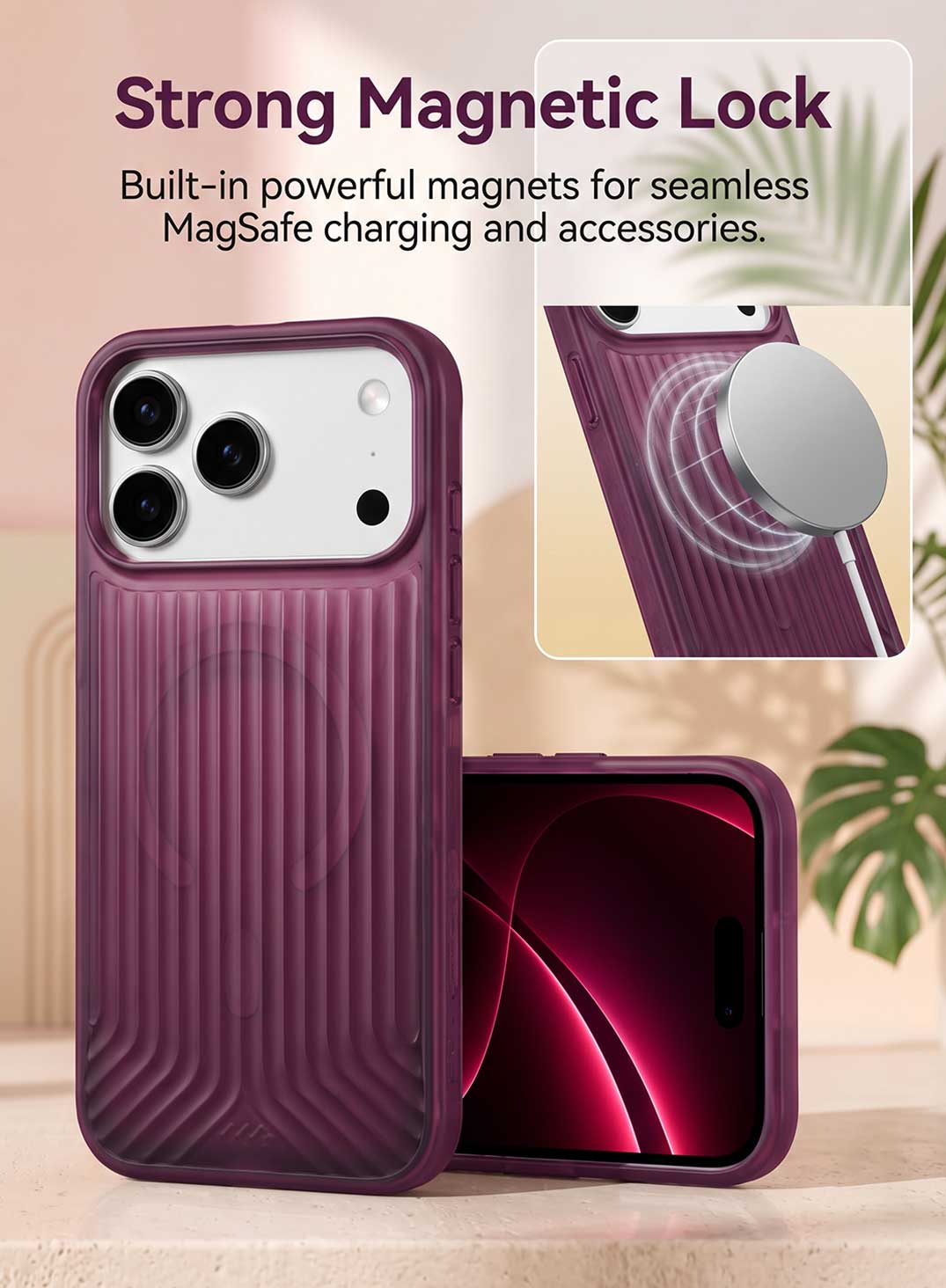 Glassology GMCVS18PBU MagSafe Vertical Striped Case for iPhone 18 Pro, Burgundy, Stylish Magnetic Charging Compatible Cover