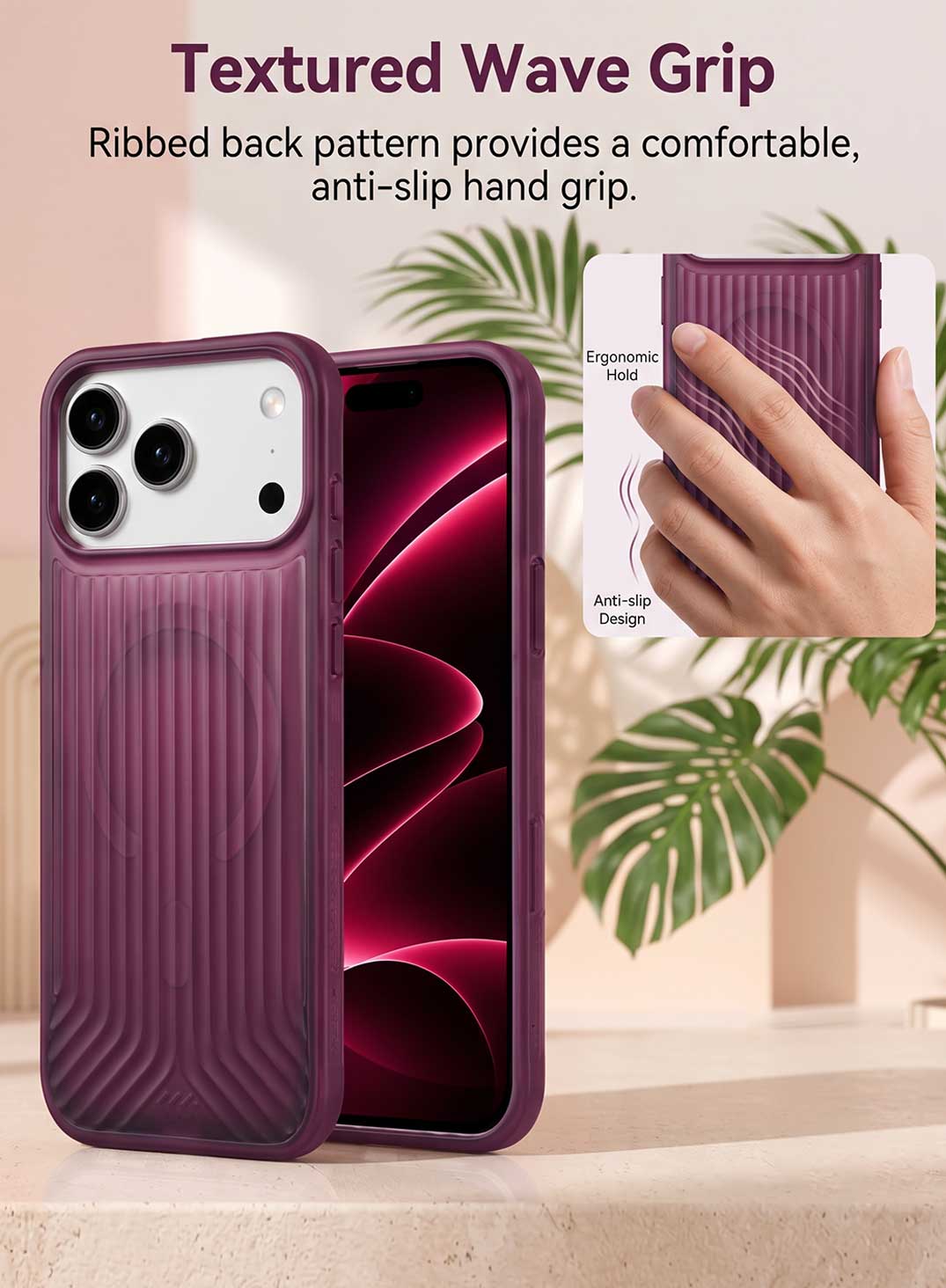Glassology MagSafe Vertical Striped Case for iPhone 18 Pro Max, Burgundy, Stylish Protective Cover with Magnetic Charging Compatibility