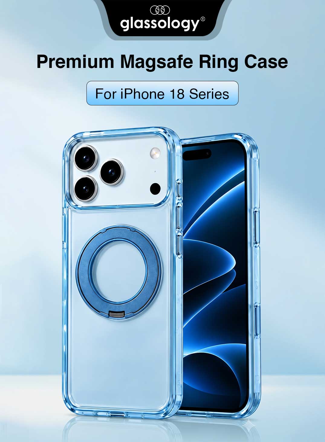 Glassology MagSafe Crystal Clear 360° Protection Case for iPhone 18 Pro Max, Glacier Blue Ring, Shock-Absorbing Corners & Slim Transparent Design