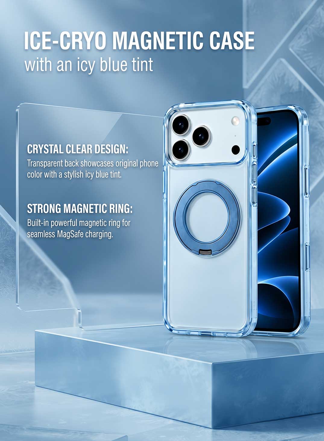 Glassology MagSafe Crystal Clear 360° Protection Case for iPhone 18 Pro Max, Glacier Blue Ring, Shock-Absorbing Corners & Slim Transparent Design